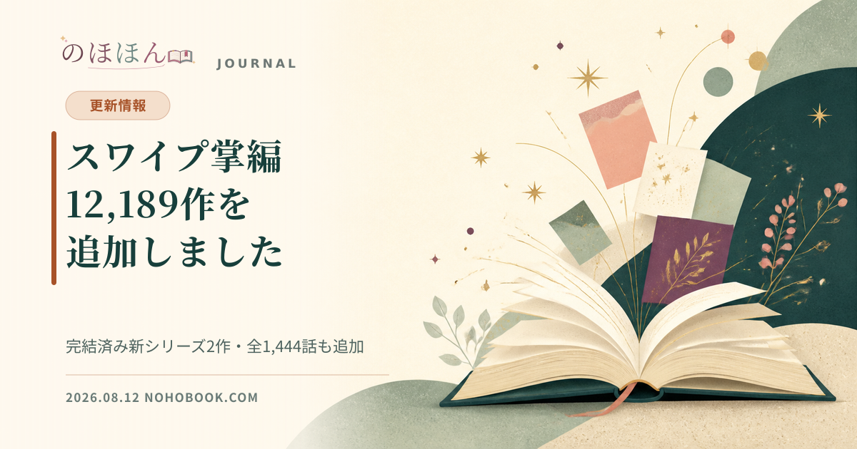 淡い紙色と深緑の本のイラストに「スワイプ掌編12,189作を追加しました」と記した、のほほんの更新情報画像